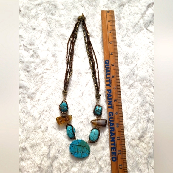 Antique Beautiful Turquoise & Brown Stone Wrapped Gold Tone Wires & Beaded - Picture 12 of 14